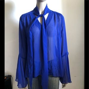 Sheer bell sleeve tie neck top royal blue Sz M